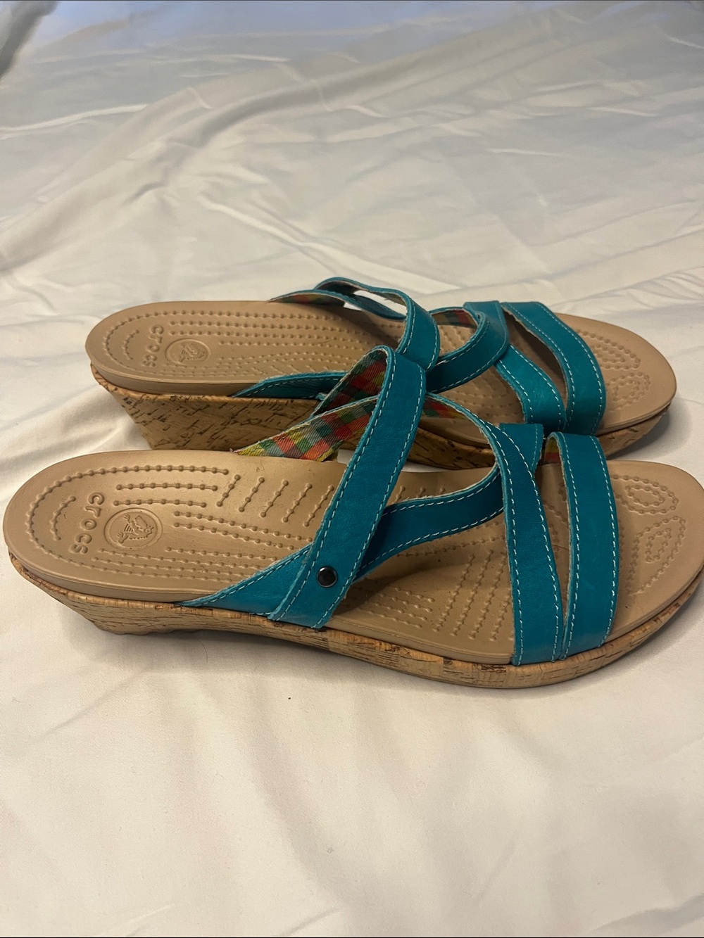 CROCS Teal Strappy Cork-Look Wedge Sandals